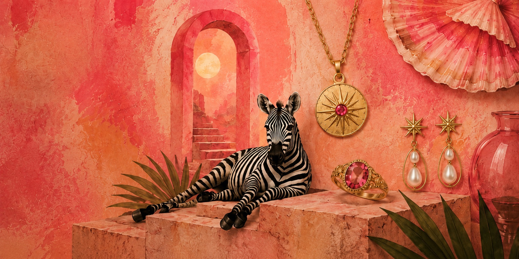 TiTi campaign — a reclining zebra amid gold jewelry: a starburst medallion, pearl drops and a gemstone ring on a warm coral terracotta backdrop